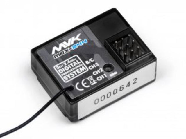 3-channel 2.4GHz receiver with failsafe, designed for easy installation and optimal performance with MTX-244 transmitter.