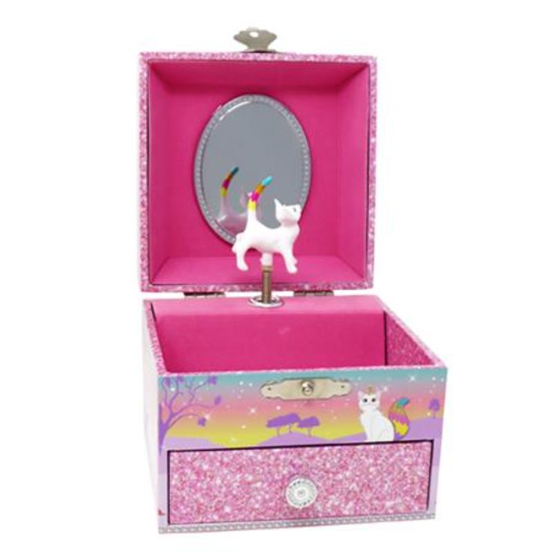 Whimsical musical jewellery box with kitticorn figurine, mirror, and pink velvet lining; plays 'In the Good Old Summer Time'.