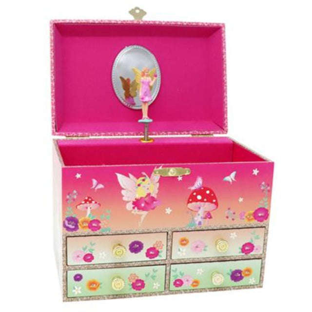 Musical jewellery box featuring a unicorn and fairy design, twirling figurine, mirror, and storage drawers for kids' treasures.