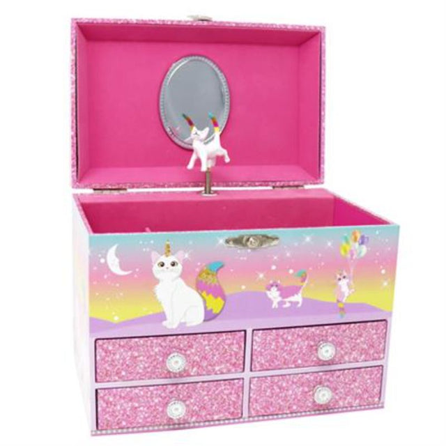 Musical Jewellery Box featuring a twirling caticorn, vibrant illustrations, and spacious drawers for treasures, ideal for young dreamers.