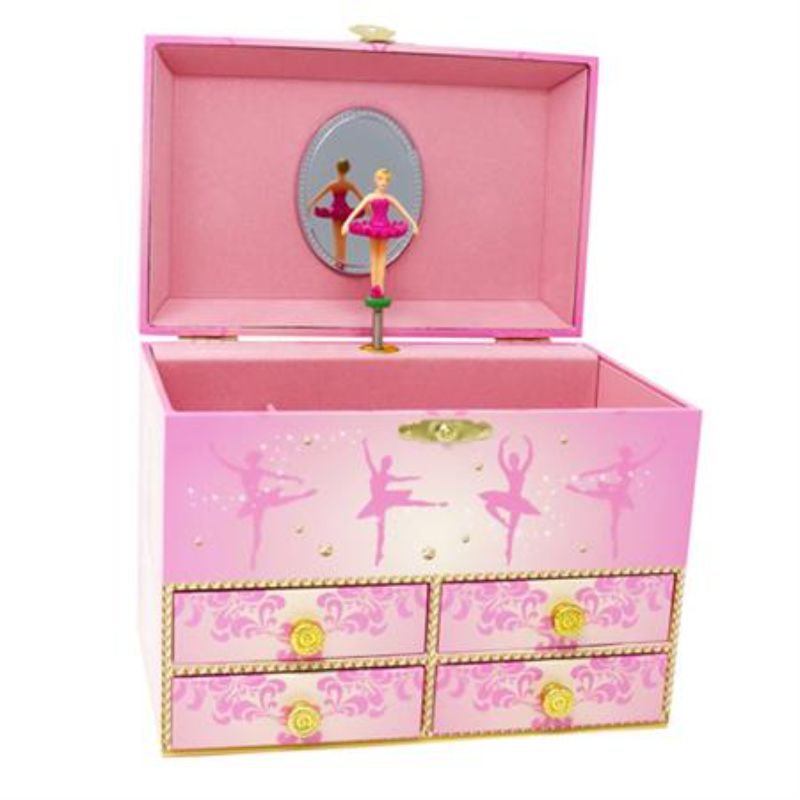 Musical jewellery box featuring twirling ballerina, plays Swan Lake, with pink flocked lining and elegant ballet illustrations.