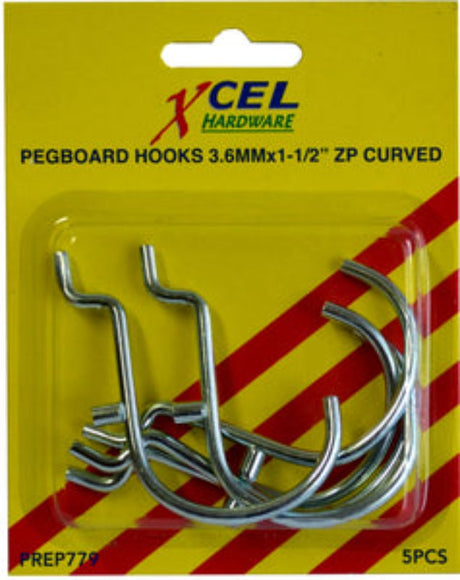 Curved pegboard hooks (set of 5) for organized storage of tools and supplies in workshops, garages, or craft rooms.