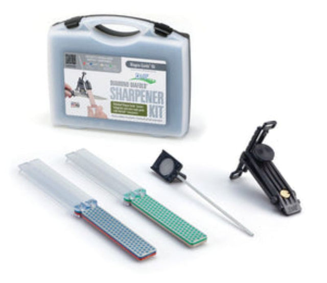 Diamond sharpening kit with Magna Guide, featuring Fine to XX-Fine grits for precision tool and knife sharpening.