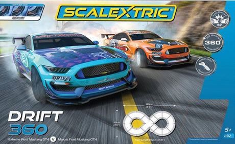 Slot car set featuring Drift 360 Mustang GT4s, perfect for thrilling races and stunts on custom-designed tracks.