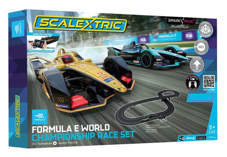 Exciting Scalextric Spark Plug Formula E race set for 12 players, featuring slot cars and engaging team-based challenges.