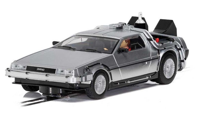 Scalextric DeLorean BTTF 2 slot car, celebrating 35 years of the iconic time machine with vibrant details and thrilling racing.