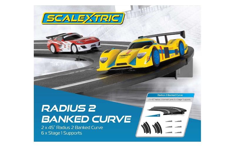 Scalextric Radius 2 Banked Curve accessory with 2 x 45-degree curves and supports for thrilling slot car racing setups.