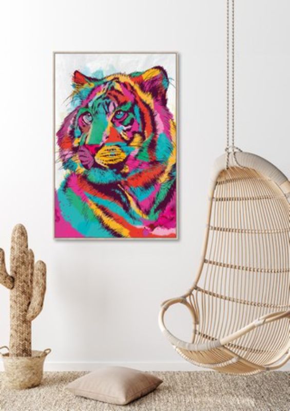 Vibrant framed canvas art featuring a whimsical Psychedelic Cat, perfect for brightening any living space.