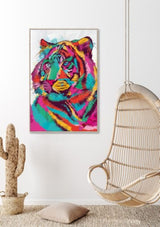 Vibrant framed canvas art featuring a whimsical Psychedelic Cat, perfect for brightening any living space.