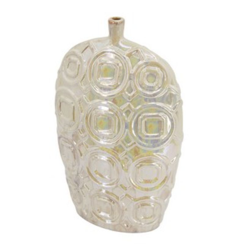 Tall ceramic vase with iridescent glaze, featuring geometric relief design, perfect for decor or displaying flowers.