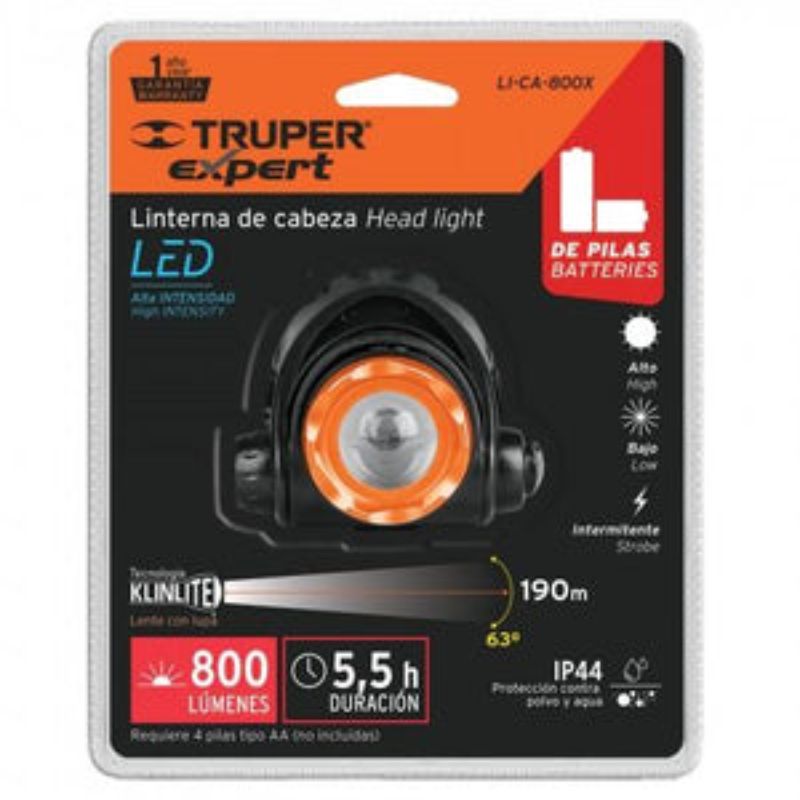 Truper Headlight with 800 lumens, 3.5-hour battery life, adjustable beam, ideal for outdoor adventures and hands-free use.