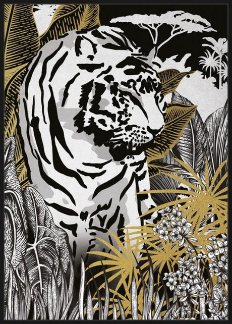 Framed canvas art of a majestic tiger amidst golden leaves, perfect for enhancing any home decor space.