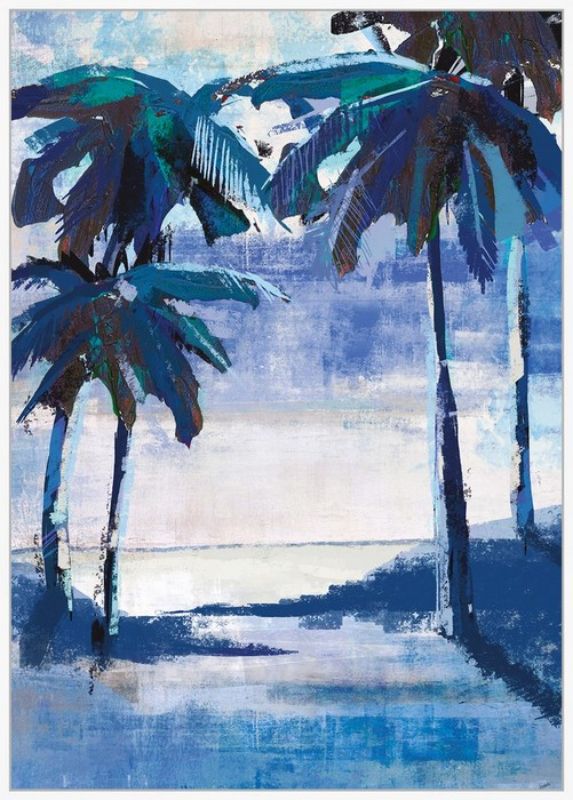 Framed canvas art depicting a serene beach with palm trees in soothing blue shades, perfect for coastal decor.