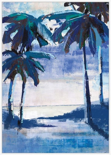 Framed canvas art depicting a serene beach with palm trees in soothing blue shades, perfect for coastal decor.