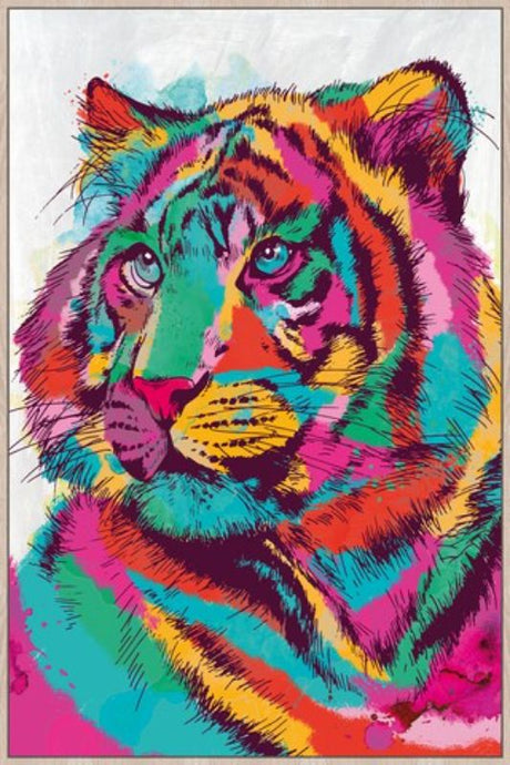 Framed canvas art of a vibrant psychedelic cat, measuring 80 x 120 cm, perfect for colorful home decor.