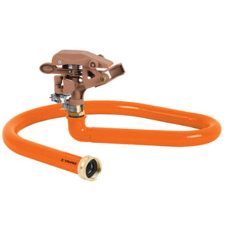 Durable impact hose sprinkler with zamak head, carbon steel base, and adjustable range for efficient garden watering.