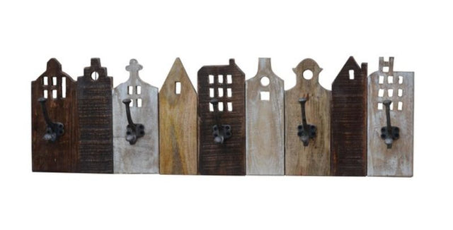 Stylish 81cm CITY WALL HOOK in durable mango wood with iron hooks, perfect for organizing any space.