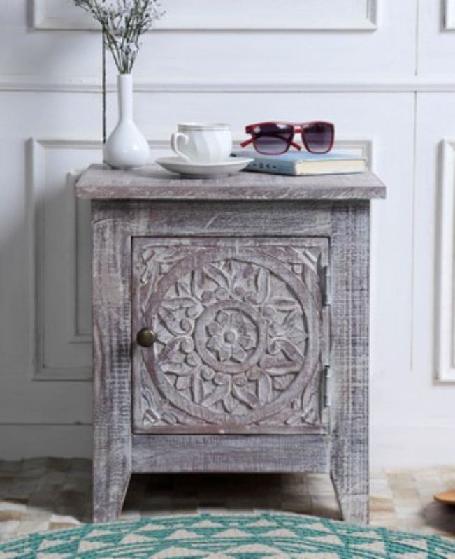 Stylish 45cm Boho bedside table with sustainable materials, ample storage, and intricate detailing for a chic bedroom.