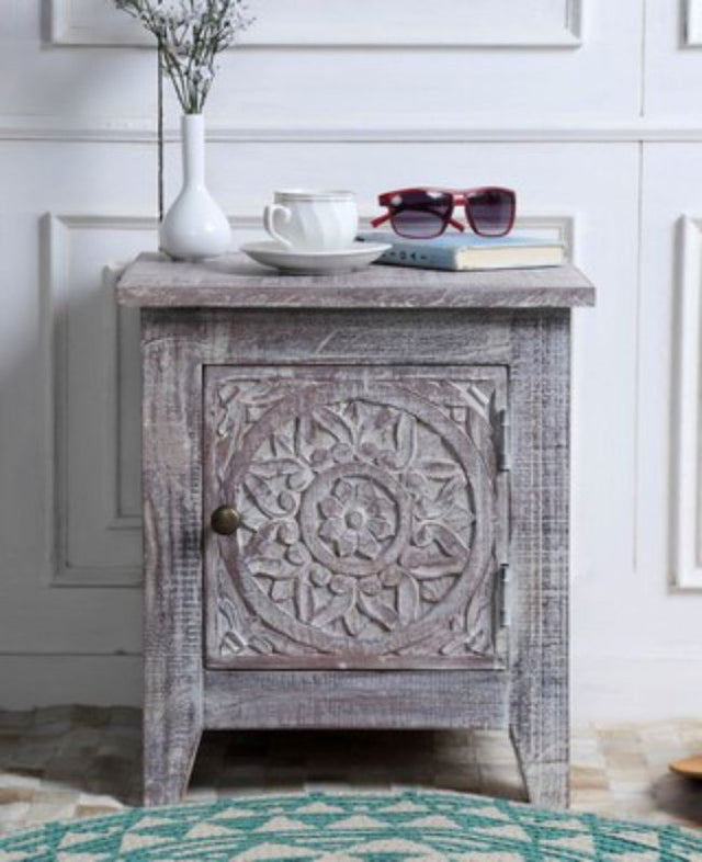 Stylish 45cm Boho bedside table with sustainable materials, ample storage, and intricate detailing for a chic bedroom.