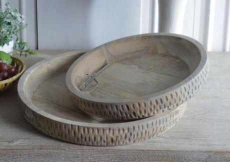 Set of 2 wooden bowls, 43cm in diameter, featuring a natural finish and rustic charm, ideal for serving and decorating.