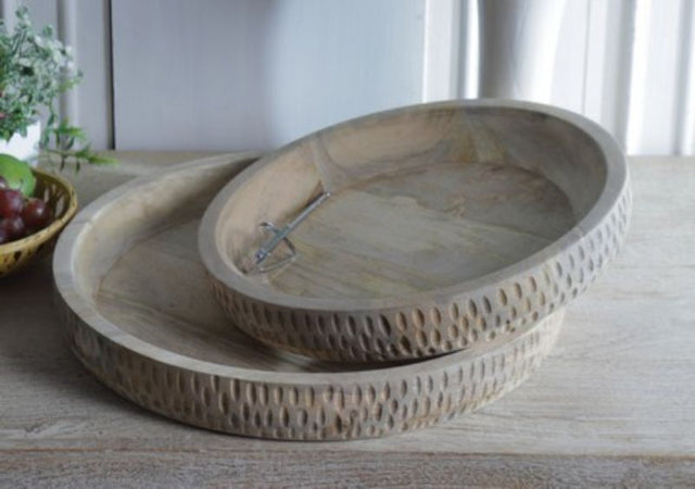 Set of 2 wooden bowls, 43cm in diameter, featuring a natural finish and rustic charm, ideal for serving and decorating.