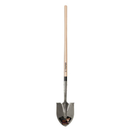 Industrial-grade Truper long handle round mouth shovel with 14-gauge carbon steel head, ash wood handle, double riveted for strength.