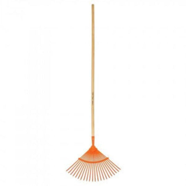 Leaf rake with metal head and 22 tynes, featuring a 1.2m handle for efficient leaf collection and yard maintenance.