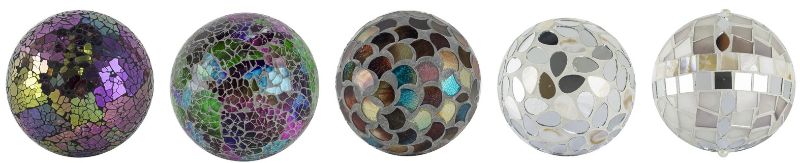 Set of 5 assorted mosaic balls, 10.2cm, featuring unique colorful designs made from glass and mirror for elegant home decor.