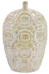 Tall ceramic vase with an iridescent glaze, featuring geometric relief design, perfect for floral arrangements or decor.