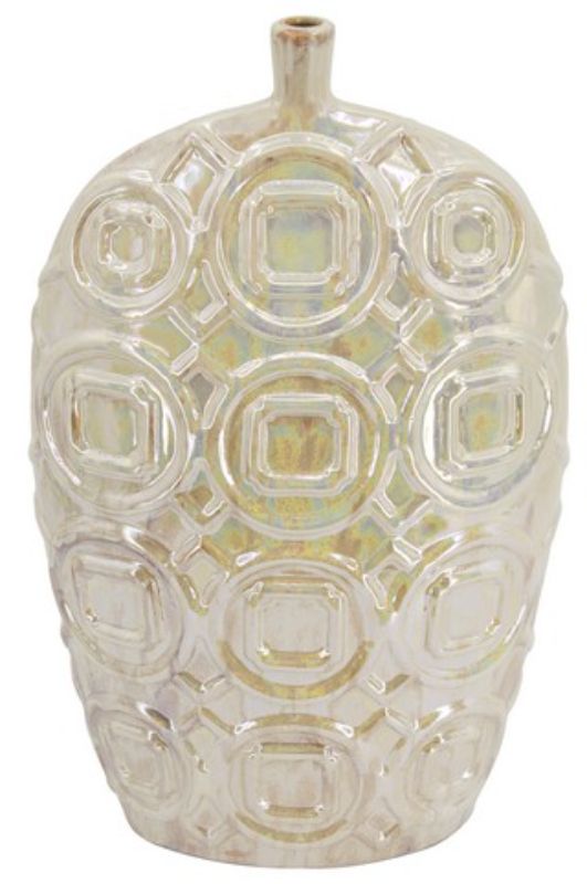 Tall ceramic vase with an iridescent glaze, featuring geometric relief design, perfect for floral arrangements or decor.