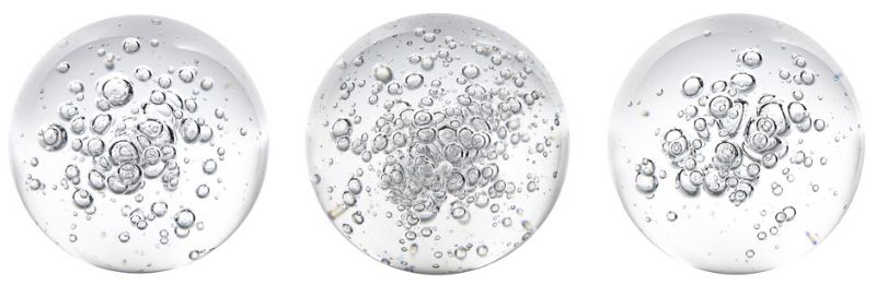 Set of 3 elegant 8cm glass Bubble Spheres with a bubbly interior, perfect for sophisticated home decor and light reflection.