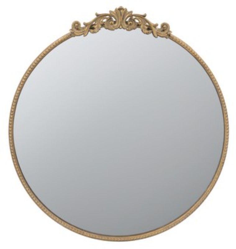 Elegant gold-framed round mirror (81.3cm) enhances modern decor, adding luxury and creating an illusion of space.