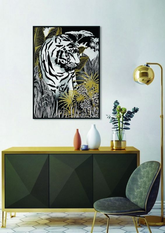 Framed canvas art of a majestic tiger with gold leaves, perfect for enhancing any living space. Size: 80 x 120cm.