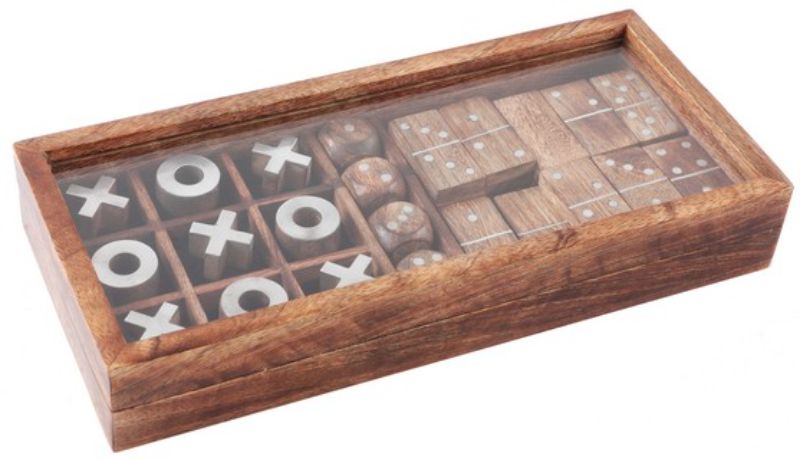 Wooden games set featuring Tic Tac Toe, Ludo, and Snakes & Ladders, perfect for family fun and gatherings.