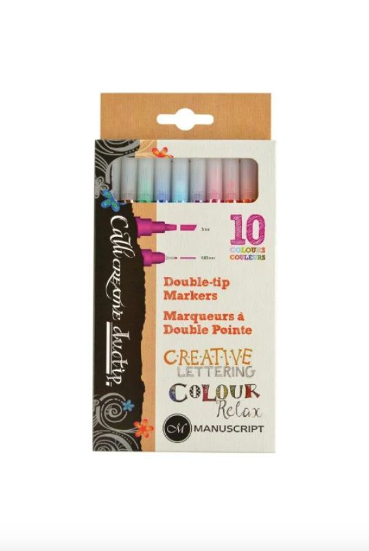 Colorful Manuscript Callicreative Duotip Markers pack of 10 with dual tips for bold strokes and fine detailing in various shades.