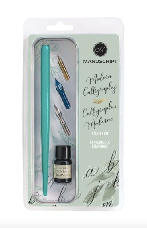 Turquoise dip pen holder set with nibs, ink, and worksheet for modern calligraphy practice and artistry.