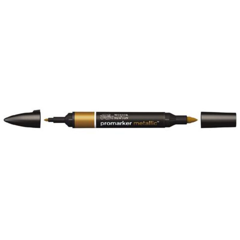 Gold metallic marker with twin tips for detailed and broad strokes, ideal for illustrating and mixed media projects.