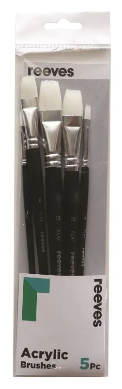 Set of 5 Reeves Acrylic Brushes with white synthetic bristles, featuring flat tips in sizes 2, 4, 8, 10, and 12.