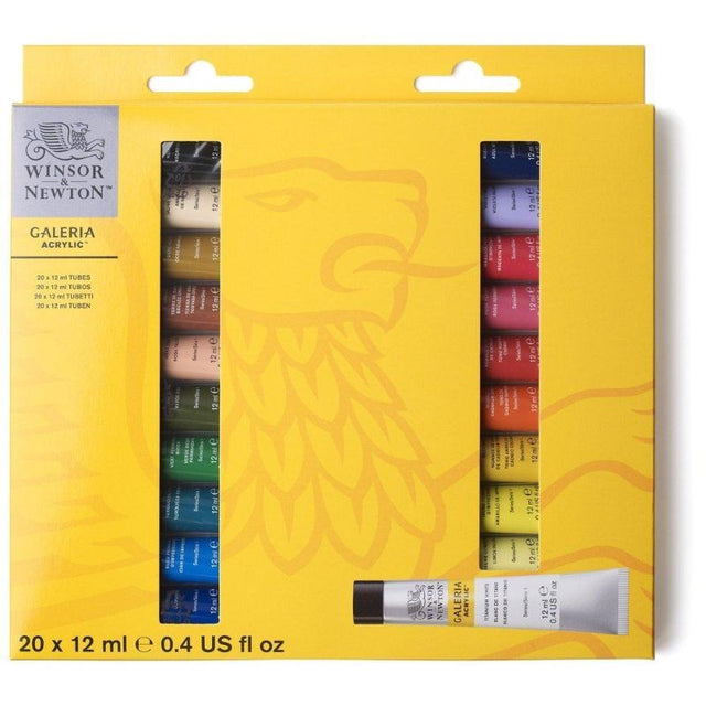 Set of 20 vibrant 12ml tubes of Winsor & Newton Galeria Acrylic Paint, perfect for artists seeking quality and color richness.