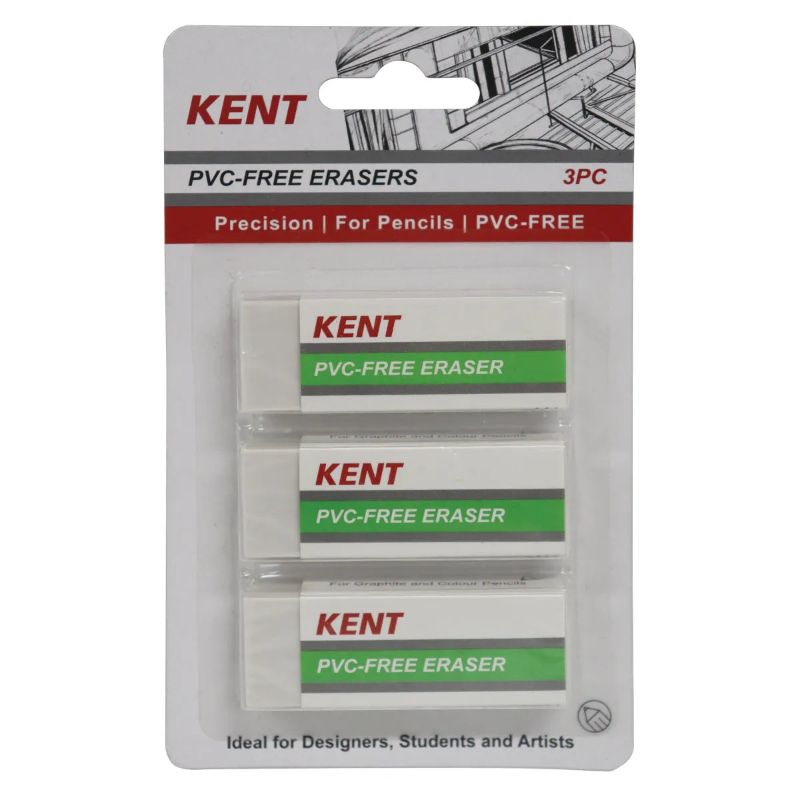 Kent PVC Erasers Pack of 3 featuring comfort edges, eco-friendly construction, and versatile use for smooth erasing.