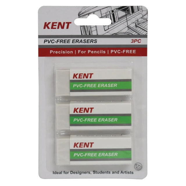 Kent PVC Erasers Pack of 3 featuring comfort edges, eco-friendly construction, and versatile use for smooth erasing.