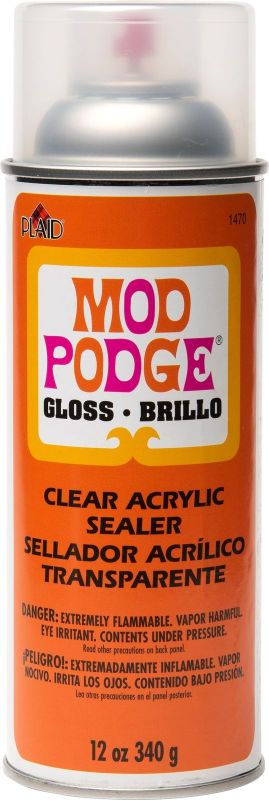 Mod Podge Acrylic Sealer Gloss 12oz/340g bottle for clear, glossy protection of crafts, artworks, and DIY projects.