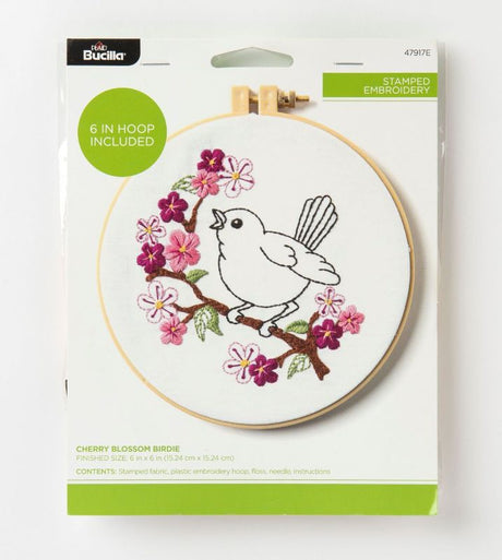 Bucilla Stamped Embroidery Kit featuring a charming Cherry Blossom Birdie design, perfect for beginner stitchers.