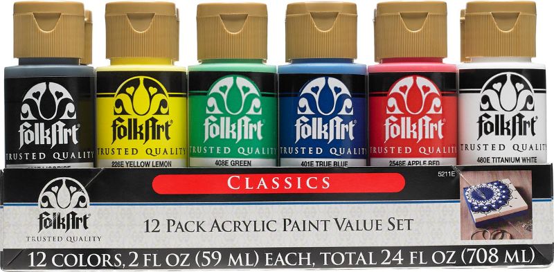 Vibrant set of 12 Folk Art Acrylic Paints in 2oz bottles, featuring rich pigments for versatile art projects and superior coverage.