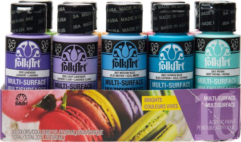 Set of 10 vibrant Folk Art multi-surface acrylic paints in 2oz bottles, ideal for various surfaces and creative projects.