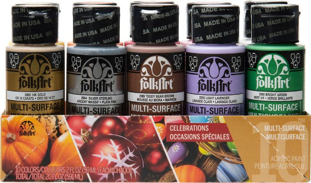 Folk Art Multi-surface Acrylic Paint Set of 10 with vibrant colors for versatile crafting on various surfaces.