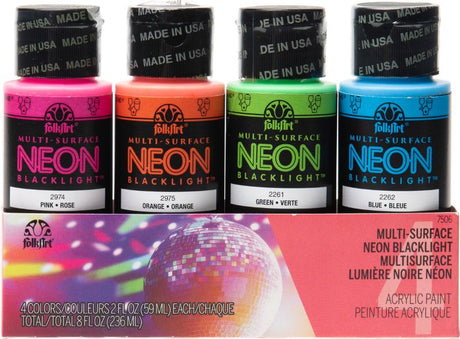 Vibrant set of 4 Folk Art Acrylic Neon Blacklight Paint in pink, orange, green, and blue, perfect for eye-catching crafts.