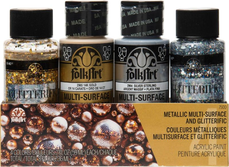 Folk Art Acrylic Metallic and Glitterific Paint Set with 4 vibrant 2oz bottles for adding shimmer to crafts and art projects.