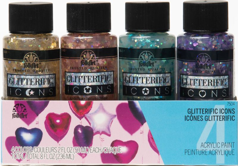 Set of four 2oz Folk Art Glitterific acrylic paints in vibrant colors, perfect for adding sparkle to crafts and decor.