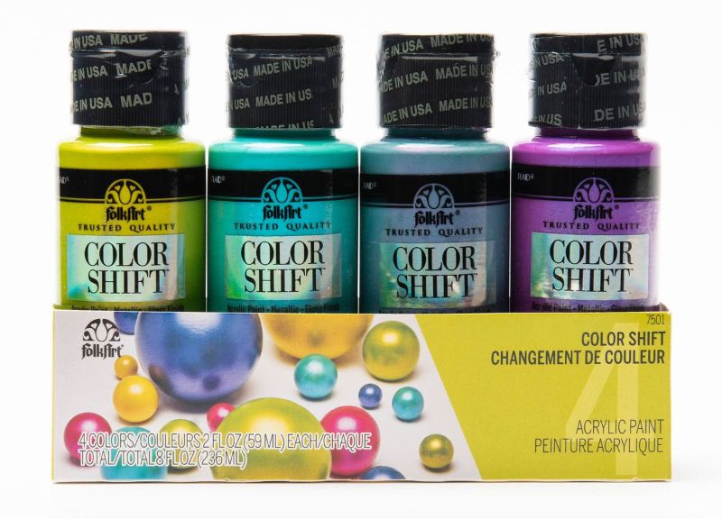 Set of four Folk Art Color Shift Acrylic Paints featuring vibrant, shimmering colors for crafting and artistic projects.